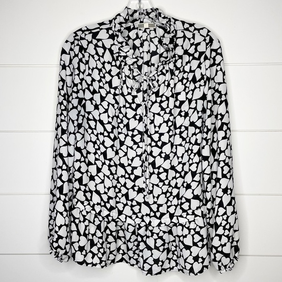 PLEIONE Black & White Heart Printed Ruffled V Neck Blouse Women’s Size Medium - Picture 1 of 8